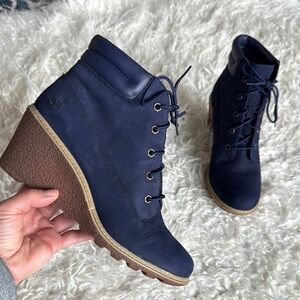 Timberland Navy Blue Lace-Up Wedge Ankle Booties